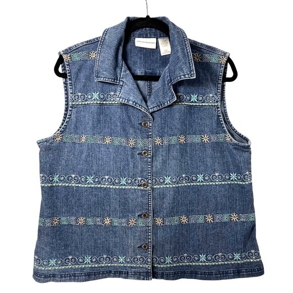 Alfred Dunner Womens Embroidered Denim Vest Size 12 Button Front Sleeveless - Picture 1 of 13